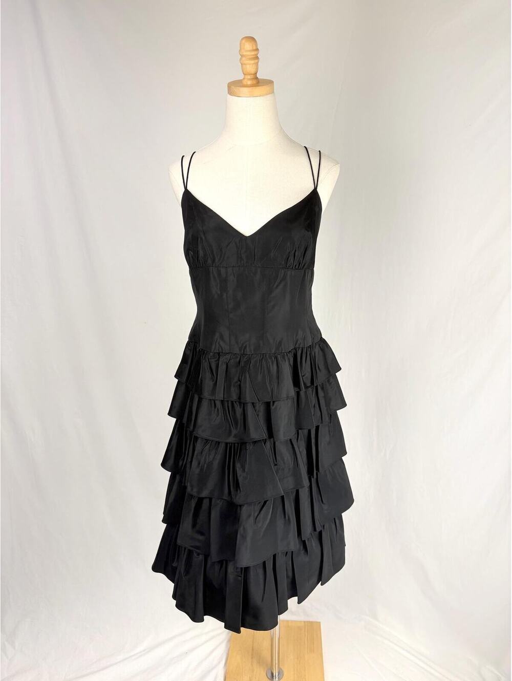 Vintage 90s Kay Unger Black Taffeta Tiered Ruffle Cocktail Dress Size 10 / Large